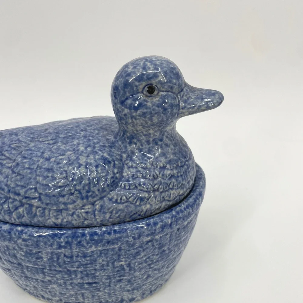 Unbranded Duck Trinket Box Blue Sponge Ware Ceramic Country Cottage‎ Decor Small